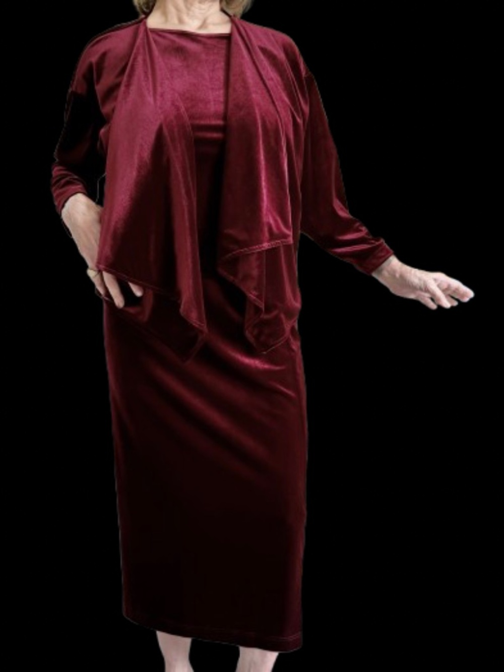 Velour 3-piece, Evening Suit, Shell, Jacket, Midi Straight Skirt. M.